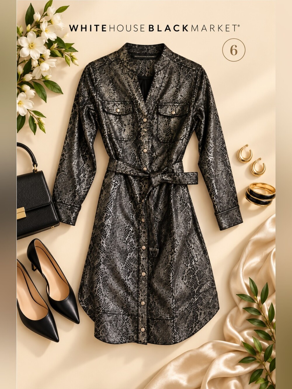 EUC WHBM Metallic Snake Print Belted Long Sleeve Dress, Size 6